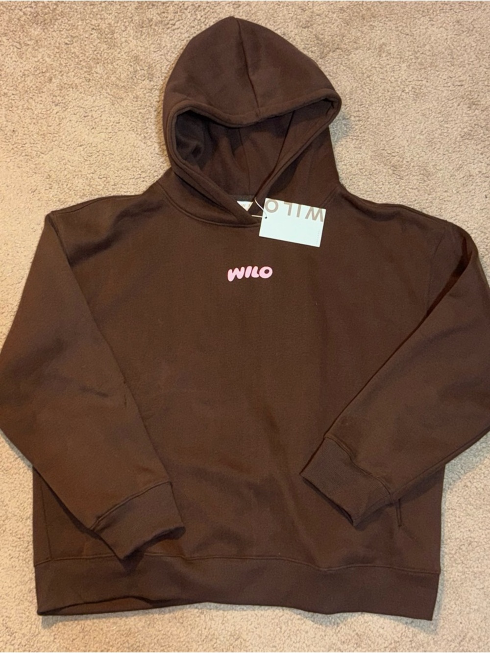Wilo Women's Brown Hoodie with Pink Logo Puff Print Large NWT Pockets